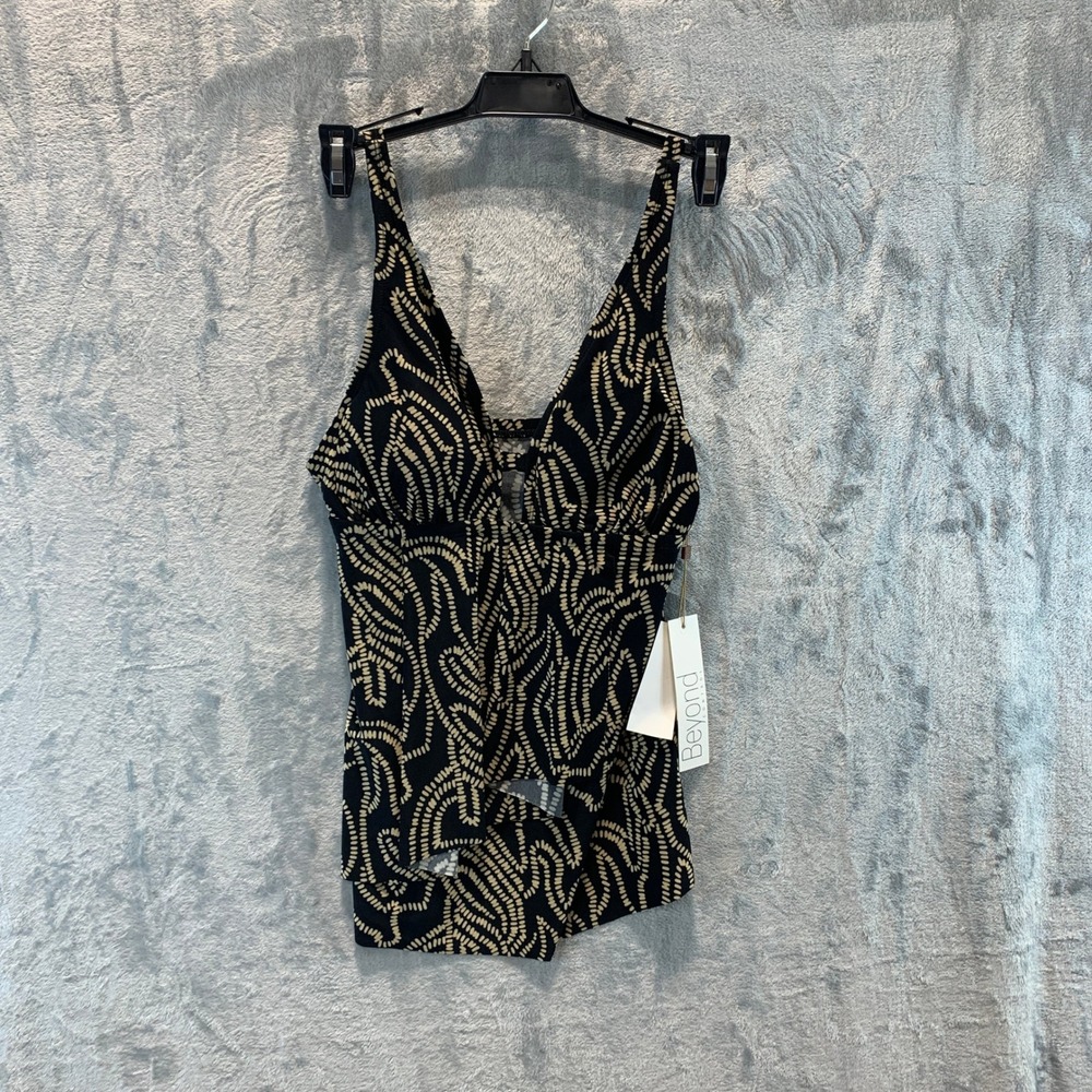Beyond Control Women Black Multi Abstract Print Tankini Top LXFO25402 Size 6 NEW